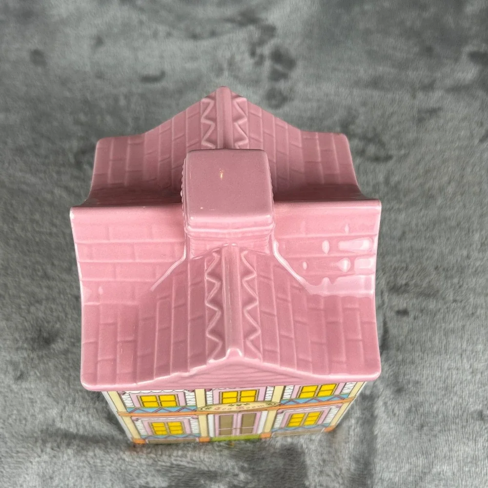 Vintage Ceramic Tea Room House Canister Pink White Victorian Cottagecore Jar